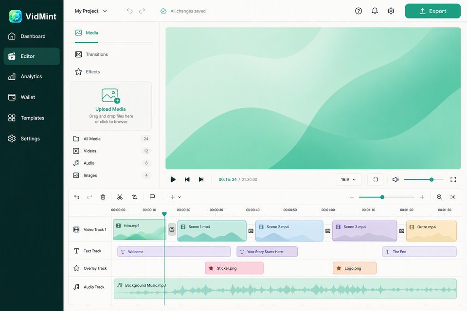Editor web do VidMint no desktop – edição de linha do tempo de vídeos curtos no navegador
