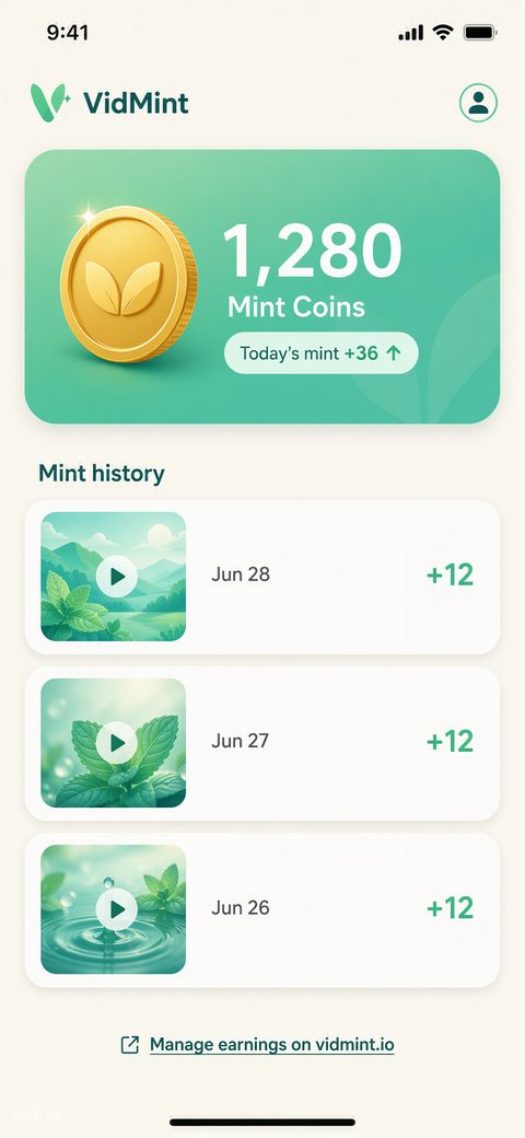 Carteira de Mint Rewards do VidMint mostrando o saldo de moedas mintadas de um criador