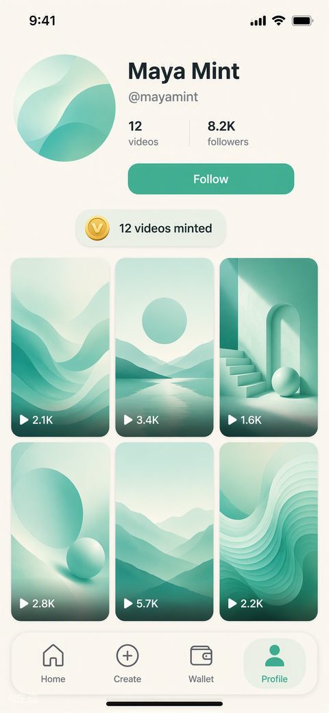 Página de perfil da comunidade de criadores VidMint com vídeos curtos publicados